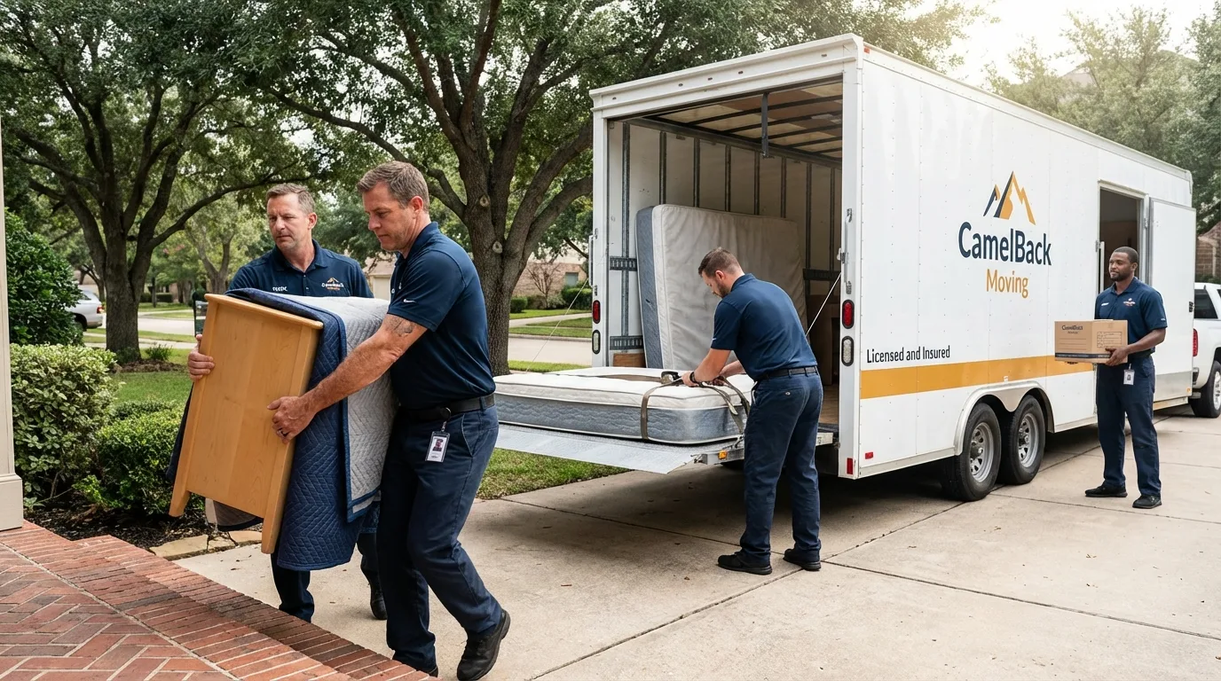 Crew loading residential truck for cross-state move from Round Rock, TX