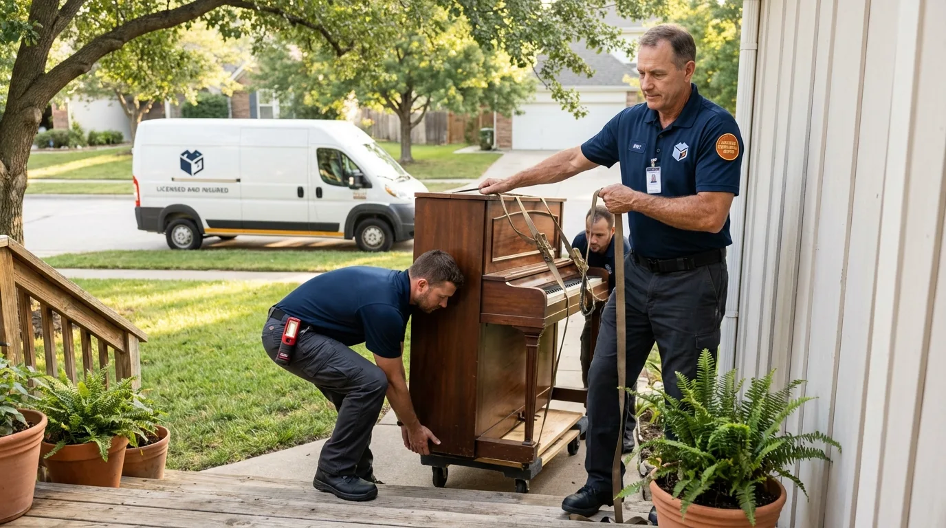 Licensed piano movers securing grand piano in Round Rock, TX